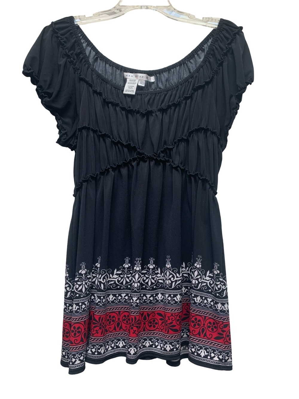Max Studio Black Blouse with Red and White Border